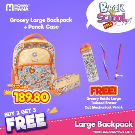 BACK TO SCHOOL-BUY2FREE3 (GROOVY LARGE BACKPACK+GROOVY PENCIL CASE+(FREE)GROOVY BOTTLE LARGE+TWISTED ERASER+CAT MECHANICAL PENCIL